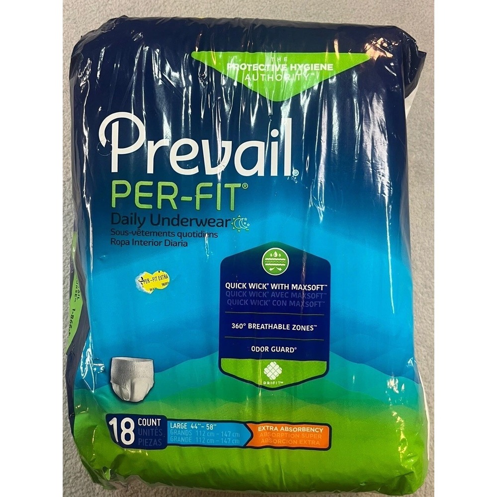 Prevail Per-Fit LARGE Daily Adult Underwear 18-Pack Size 44-58 LG Fast Shipping!